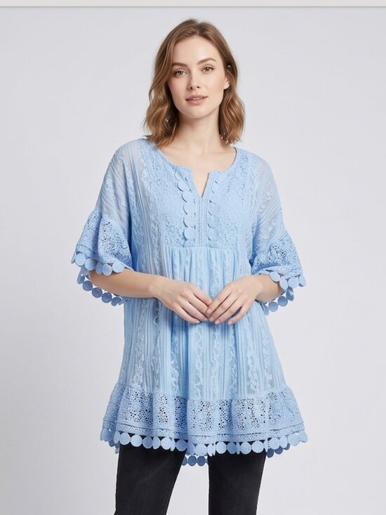 Tops - Romantic Lace Tunic Top Flutter Sleeve Ruffle Hem Boho Smock Baby Blue